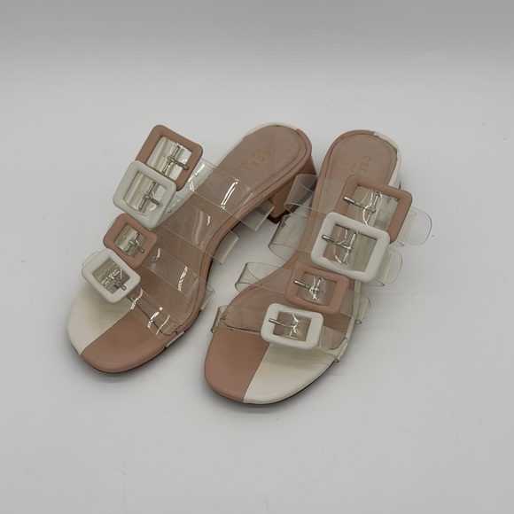 CECELIA NEW YORK Shoes - CECELIA NEW YORK Two-Tone Beige Cream Clear Buckle Slide Sandals
